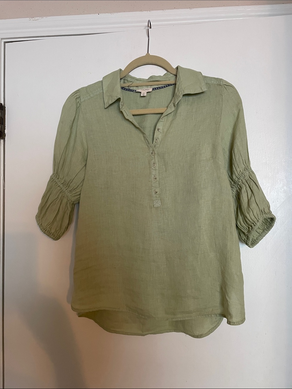 Pilcro Linen Sage Green Henley Button Blouse